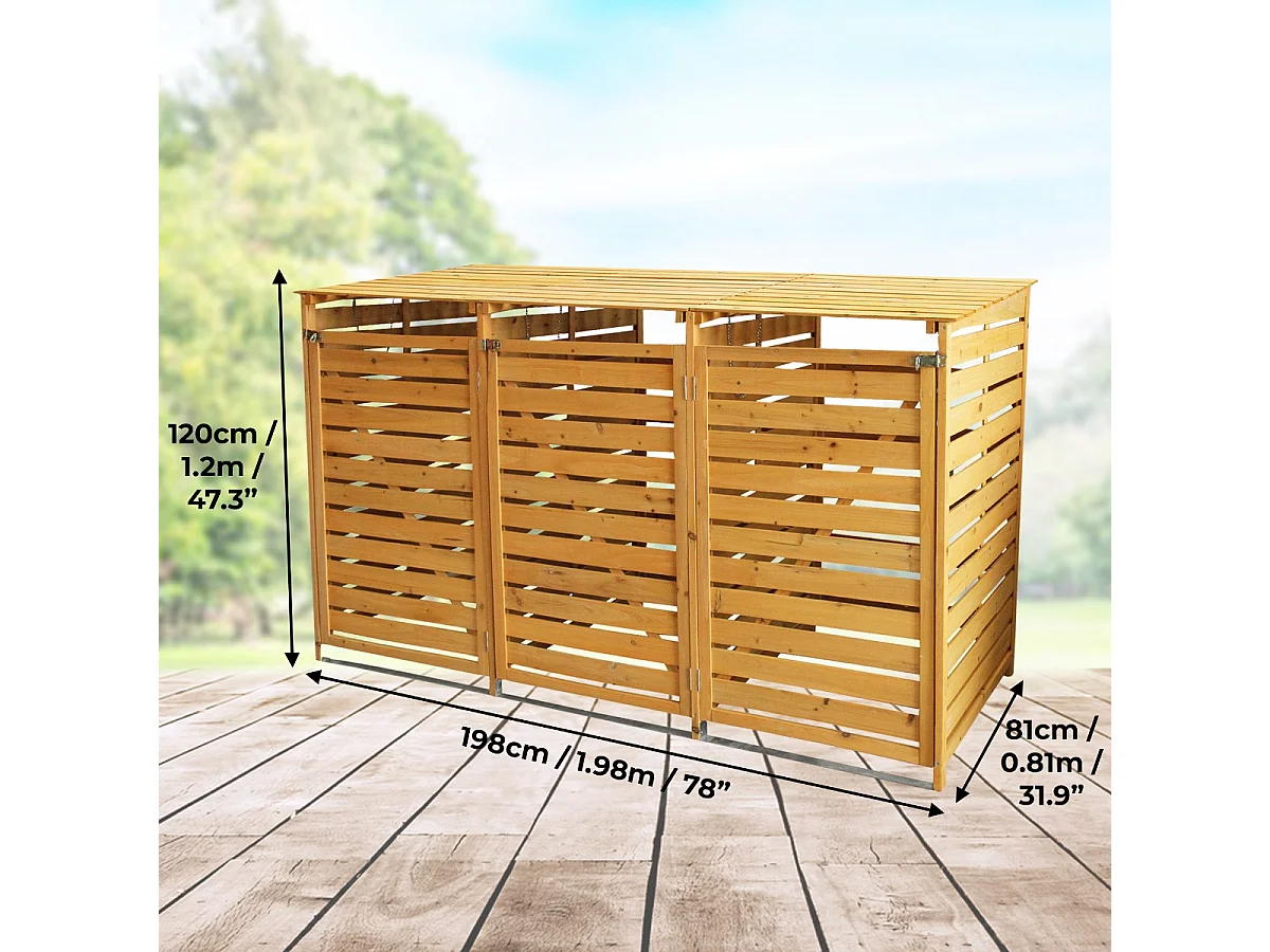 MonsterShop - Triplo Copribidone della Spazzatura in Legno Robusto per Contenere 3 Bidoni Standard da 240 Litri