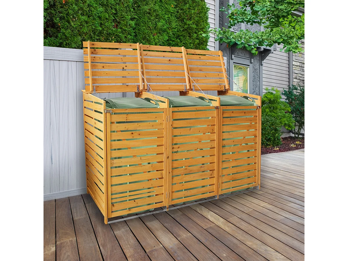 MonsterShop - Triplo Copribidone della Spazzatura in Legno Robusto per Contenere 3 Bidoni Standard da 240 Litri