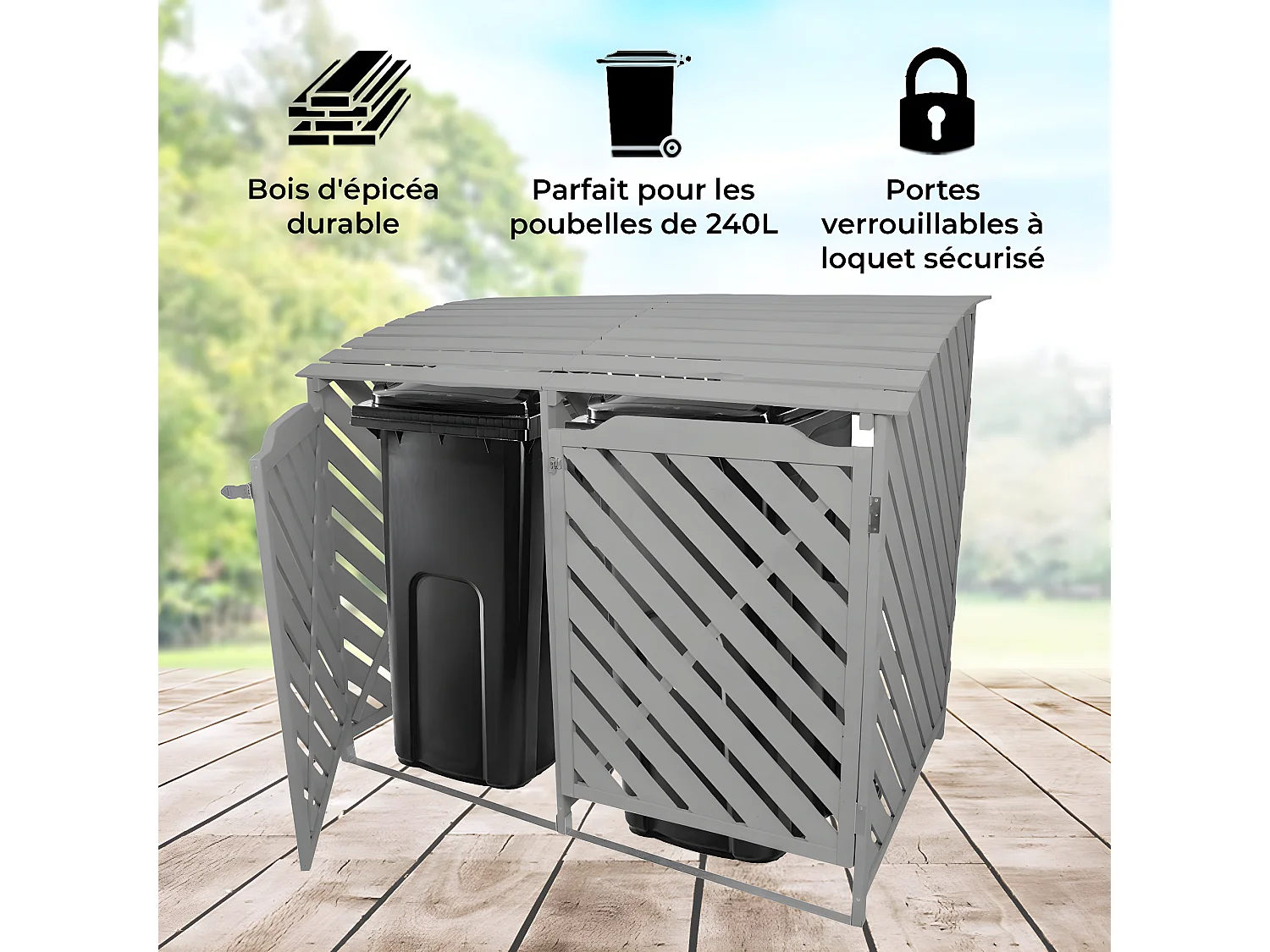 Cache Poubelle Double Gris Cérusé - 122cm  x 149cm x 92cm