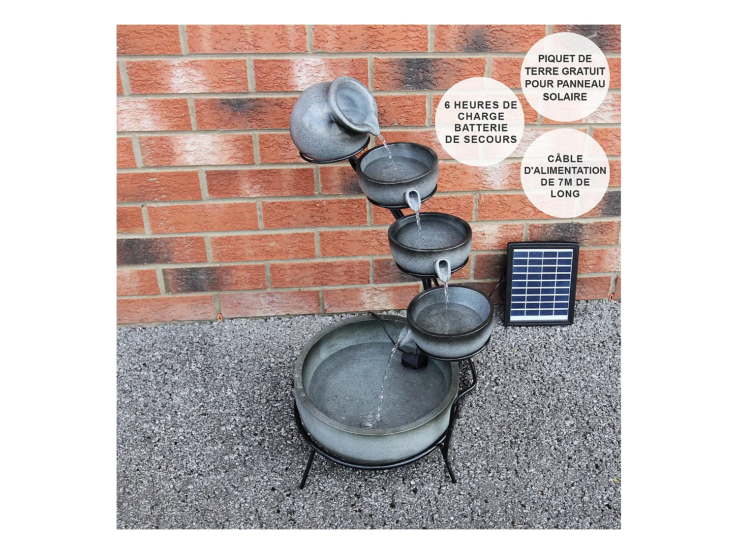 Fontaine Énergie Solaireà 4 Niveaux de Bols Renversants Gris