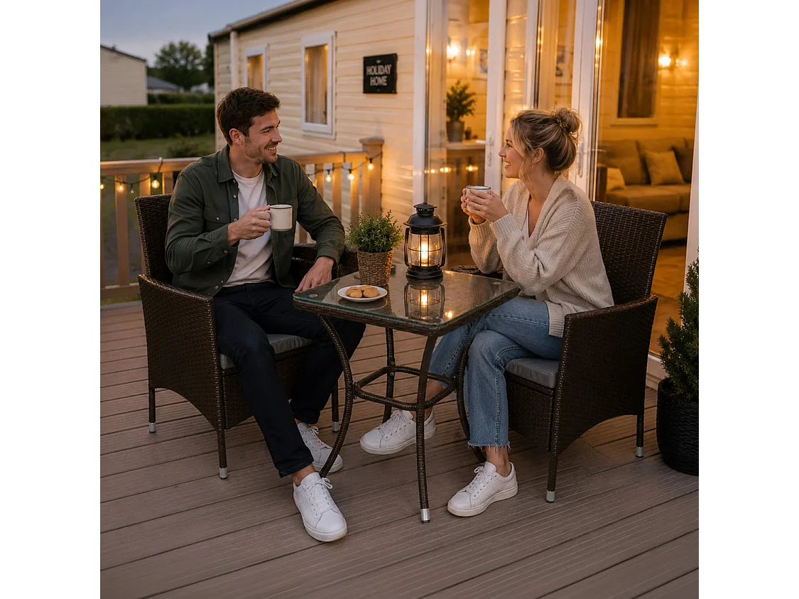 Jardí - Set Bistro da Giardino di Vimini Protezione Anti-UV con Tavolino e Due Poltron Sedie Copn Cuscini 5cm Copertura Anti-Pioggia 2 Posti - Marrone