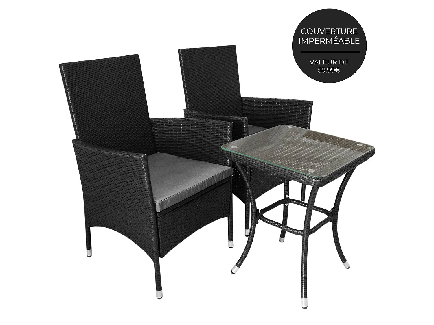 Jardí - Set Bistro da Giardino di Vimini Protezione Anti-UV con Tavolino e Due Poltron Sedie Copn Cuscini 5cm Copertura Anti-Pioggia 2 Posti - Nero
