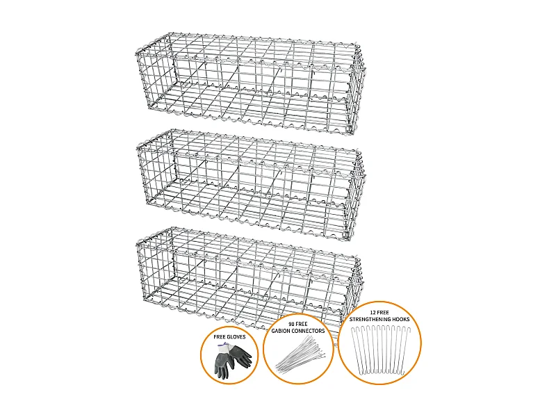 MonsterShop - 3 Gabbioni Metallici per Sassi da Giardino e da Esterno 100cm x 30cm x 30cm in Acciaio Galvanizzato