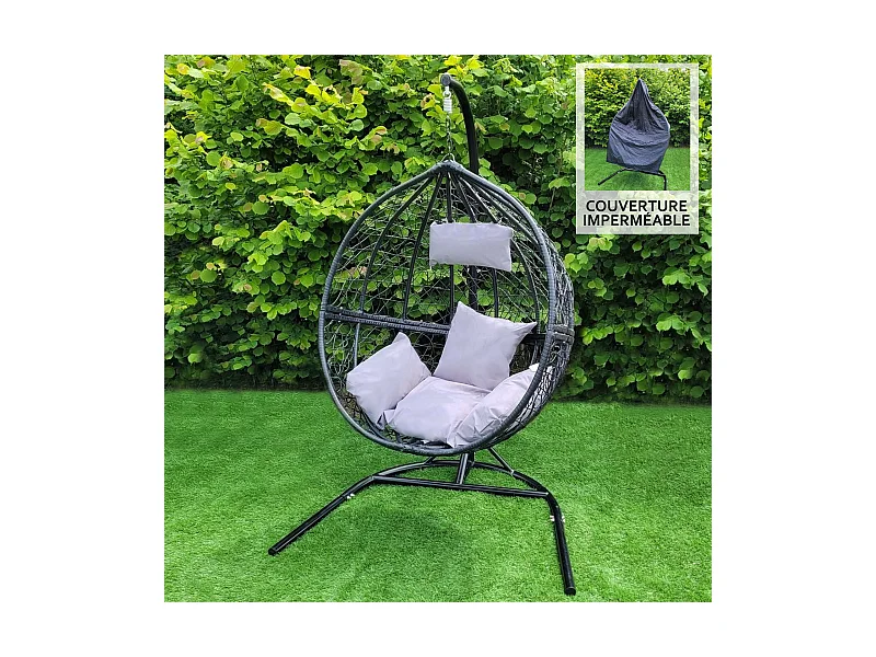 Hängesessel Polyrattan Hängekorb Hängestuhl Hängesitz Hängesessel Schaukel mit Gestell - Schwarz