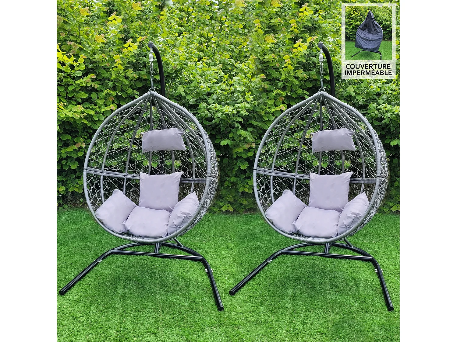 MonsterShop - Sedia a Dondolo a Uovo Poltrona Sospesa in Vimini Rattan da Giardino Poltroncina Sedia a Sospensione - Grigio - 2 Poltrone