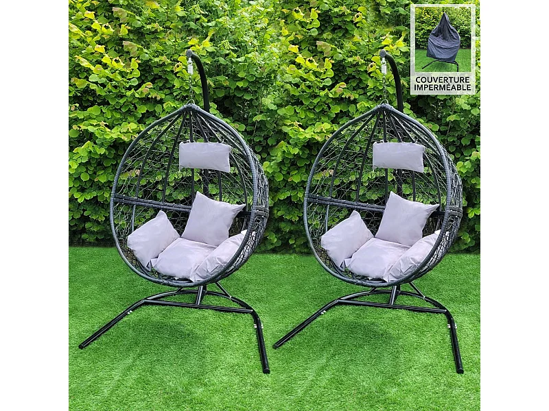 2 Hängesessel Polyrattan Hängekorb Hängestuhl Hängesitz Hängesessel Schaukel mit Gestell - Schwarz