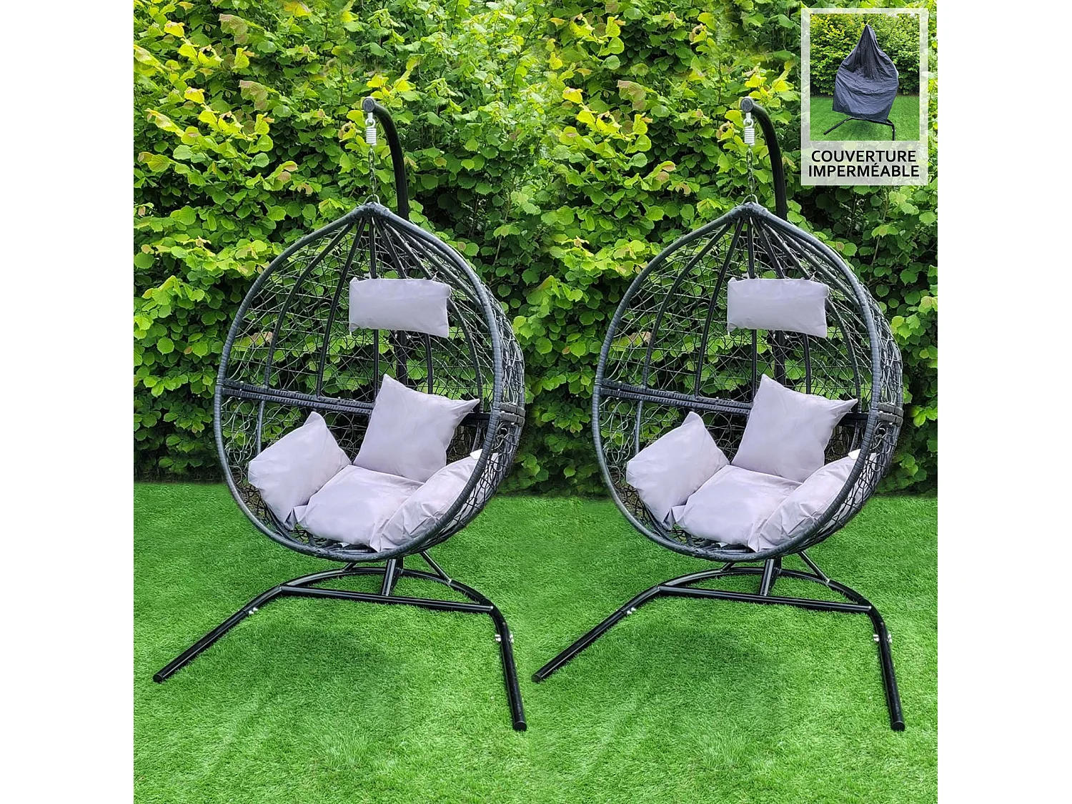 2 Hängesessel Polyrattan Hängekorb Hängestuhl Hängesitz Hängesessel Schaukel mit Gestell - Schwarz