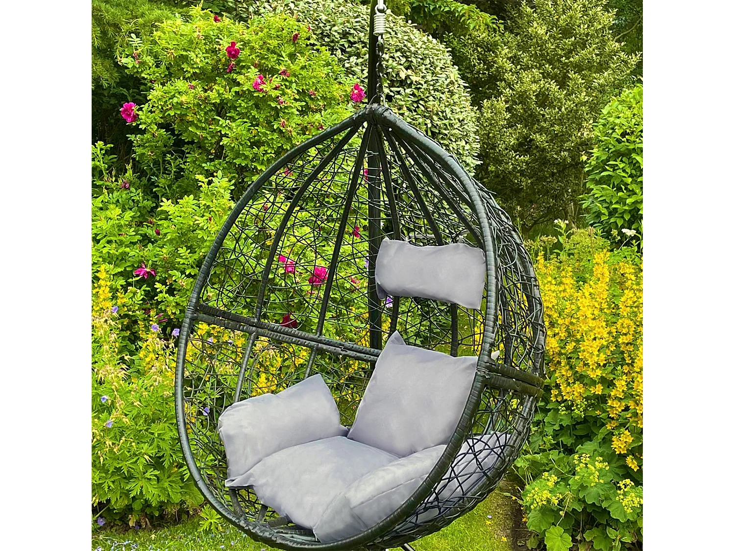 2 Hängesessel Polyrattan Hängekorb Hängestuhl Hängesitz Hängesessel Schaukel mit Gestell - Schwarz