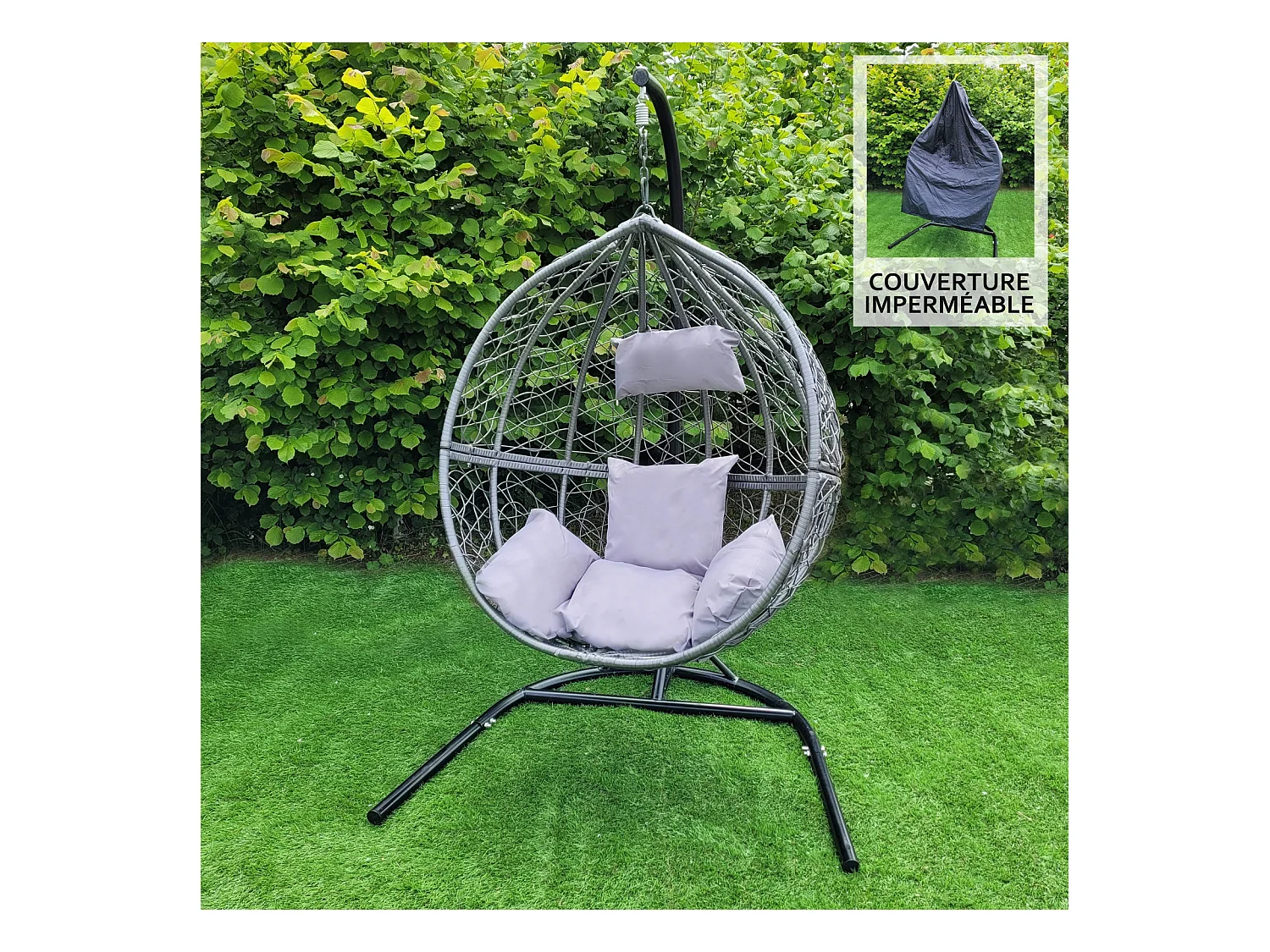 MonsterShop - Sedia a Dondolo a Uovo Poltrona Sospesa in Vimini Rattan da Giardino Poltroncina Sedia a Sospensione - Grigio