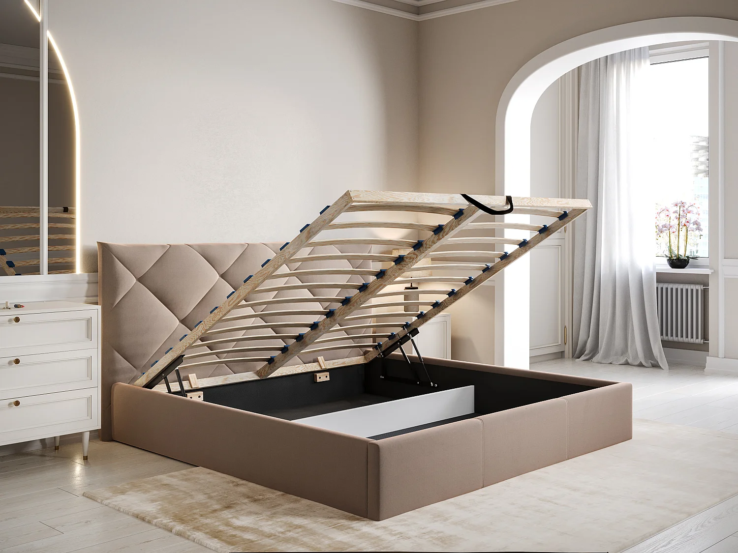 Lit coffre 180 x 200 cm - Velours - Beige - STARI de Pascal Morabito