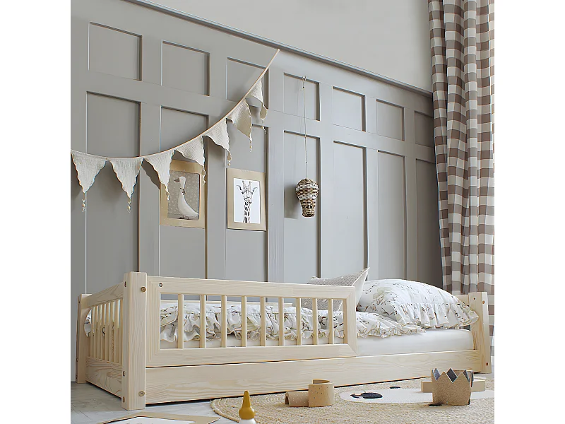 Cama 90x190 con barandilla y somier patas de 1 cm Adèle Madera