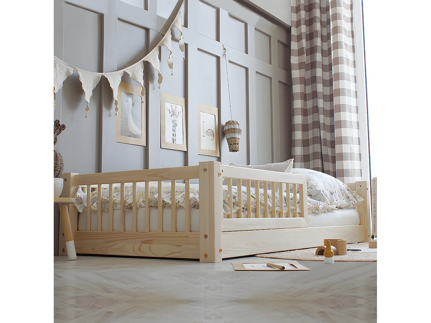 Cama 90x190 con barandilla y somier patas de 1 cm Adèle Madera