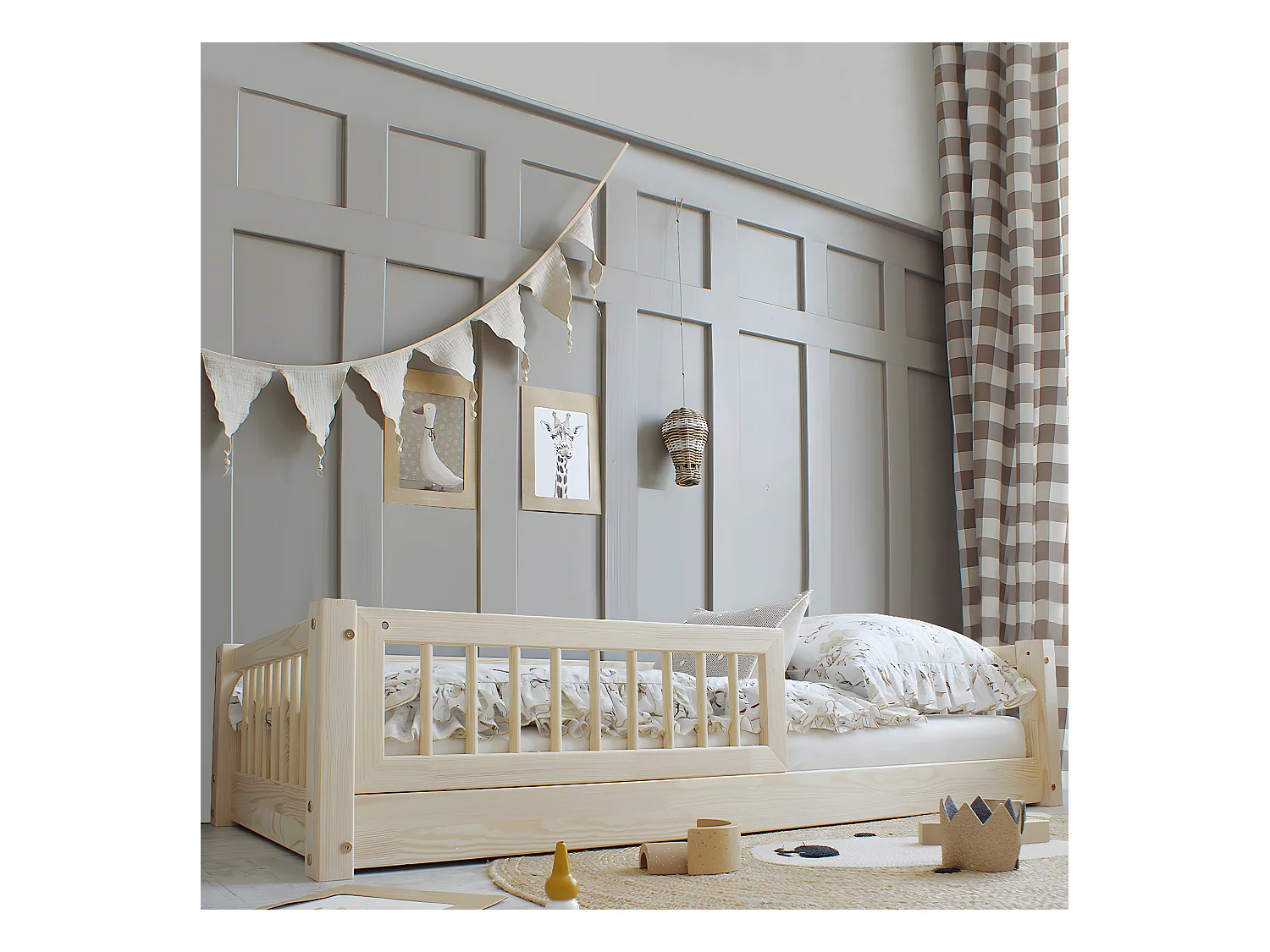 Lit 90x190 barrière et sommier inclus pieds 1 cm Adèle Bois