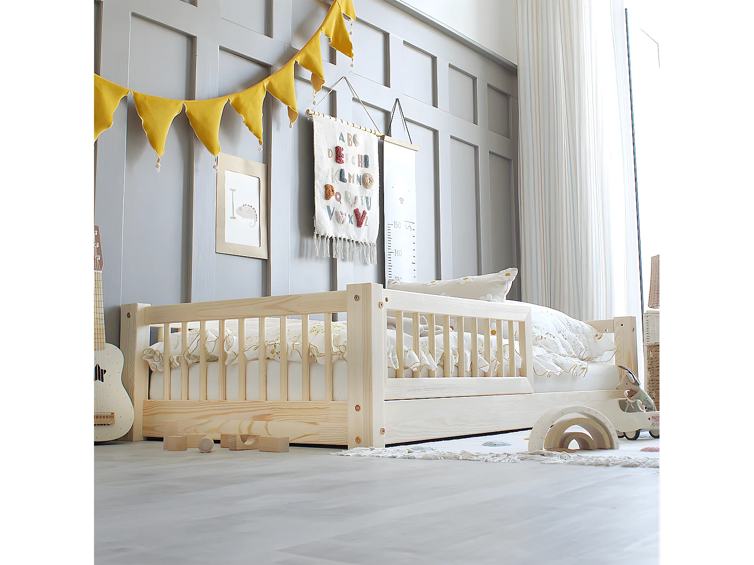 Letto 90x190 con sponda e base con gambe da 1 cm Adèle Bois