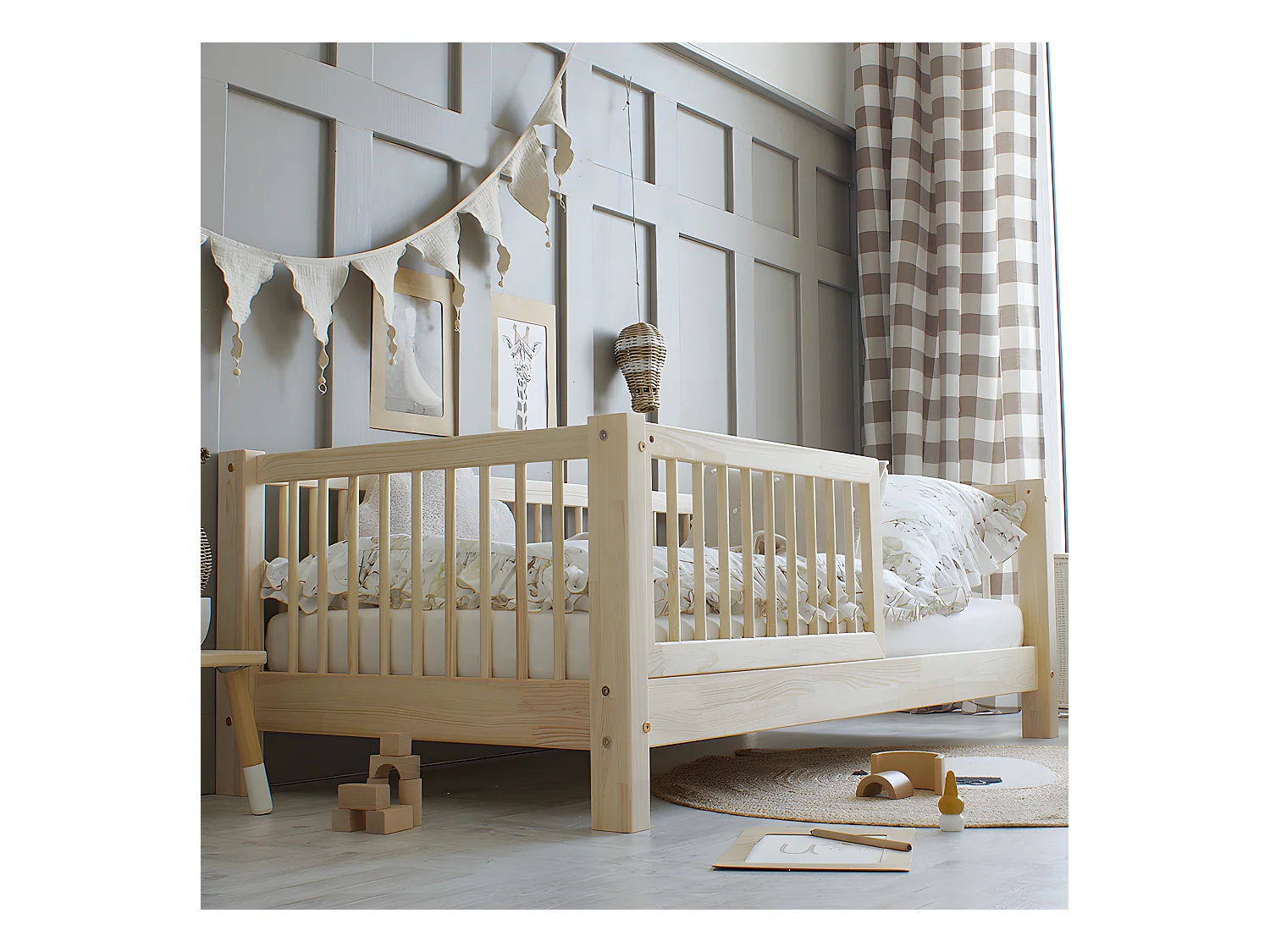 Lit 90x190 barrière et sommier inclus pieds 10 cm Sybil Bois