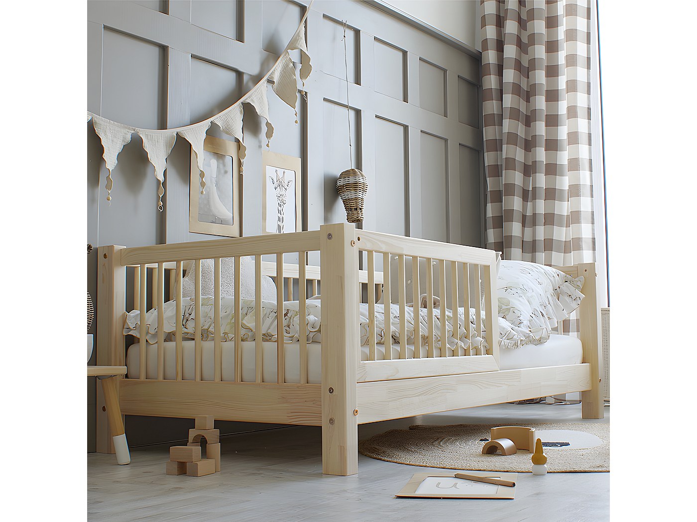 Lit 90x190 barrière et sommier inclus pieds 10 cm Sybil Bois