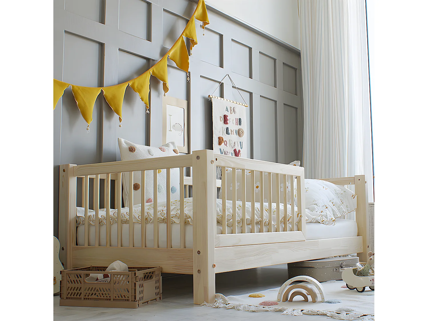 Lit 90x190 barrière et sommier inclus pieds 10 cm Sybil Bois