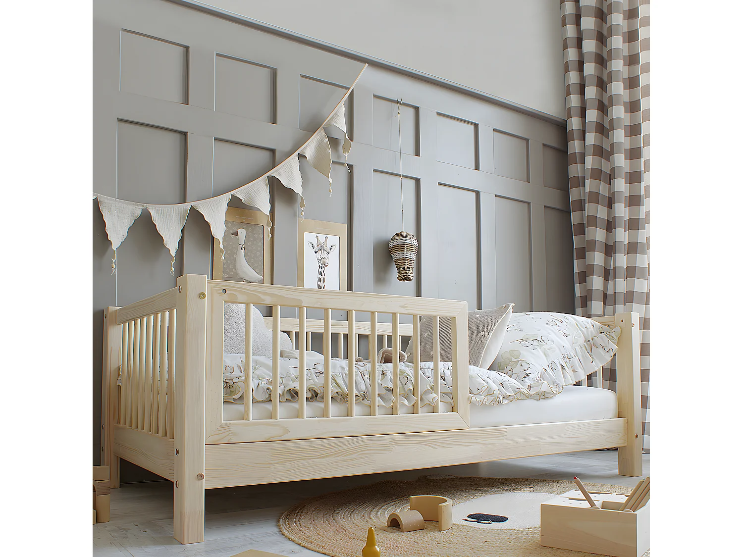 Lit 90x190 barrière et sommier inclus pieds 10 cm Sybil Bois