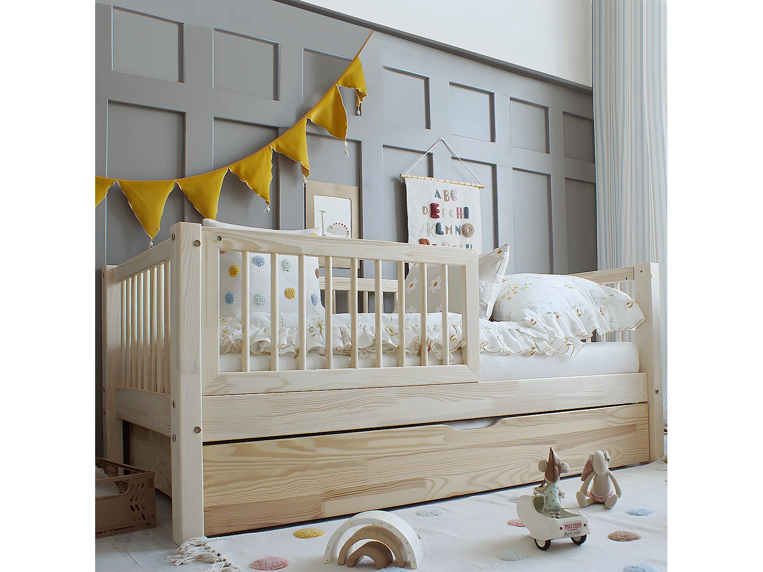 Letto con barriera 90x190, incluso il materasso e il cassetto Sybil Bois