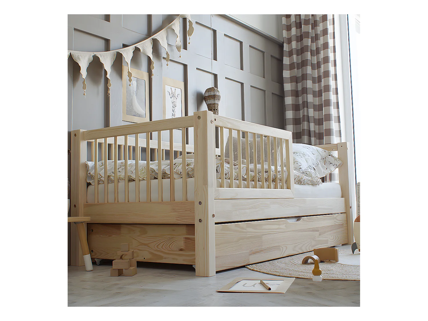 Lit 90x190 barrière sommier et tiroir inclus Sybil Bois