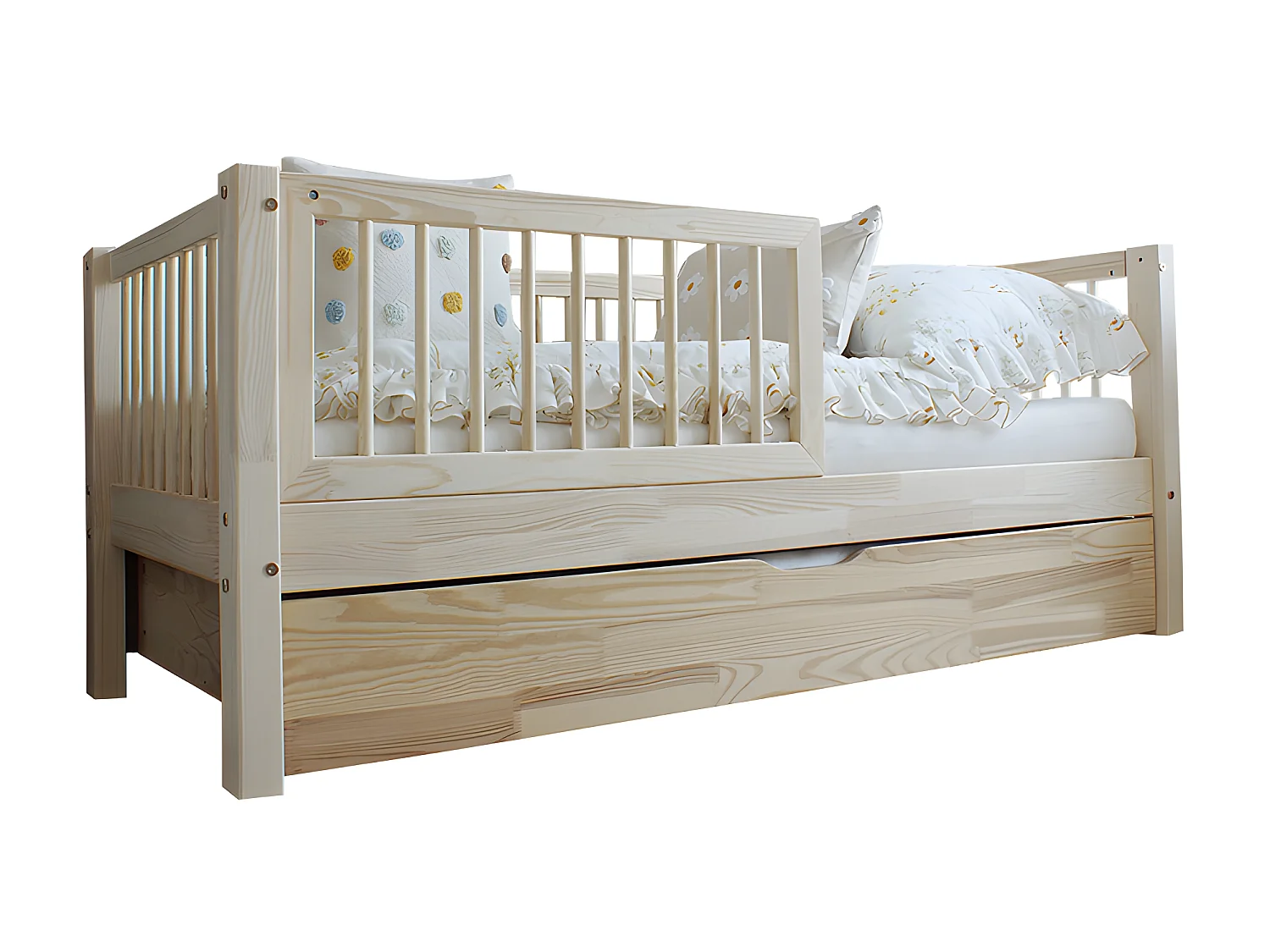 Lit 90x190 barrière sommier et tiroir inclus Sybil Bois