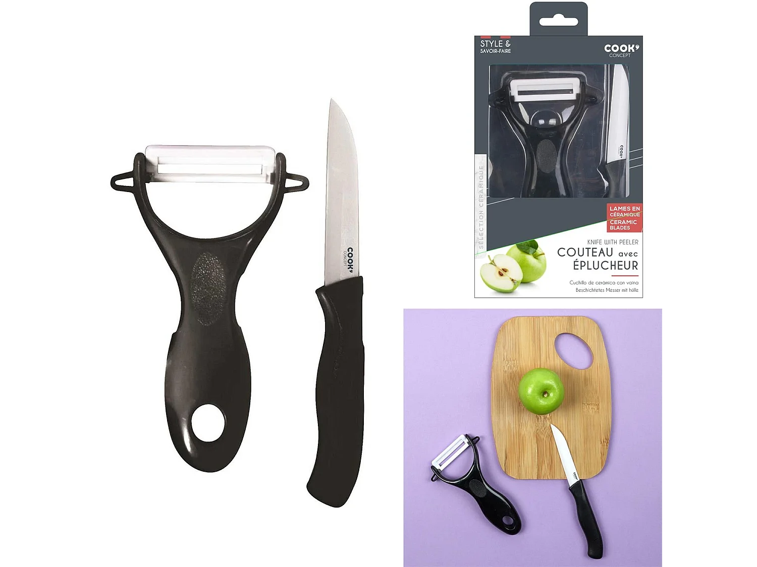 Couteau & Éplucheur "Céramique" 16cm Noir