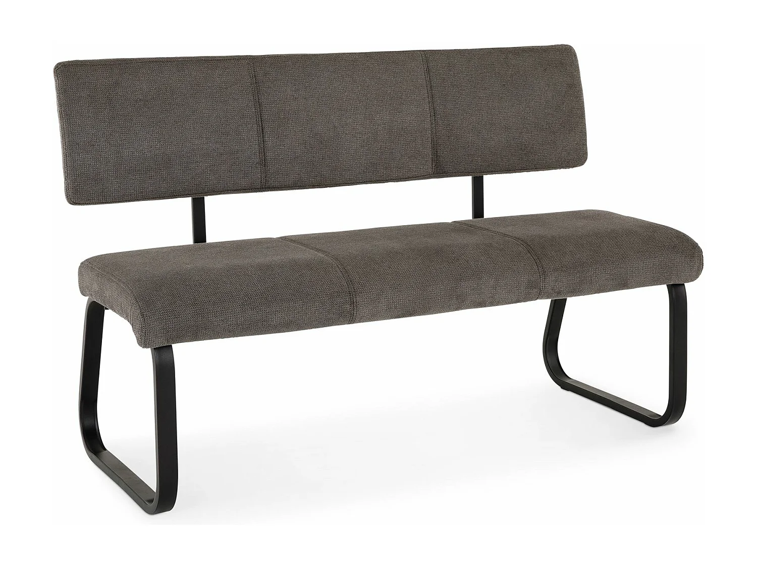 Banc design VILAS siège avec 3 places, banquettes avec dossier, revêtement en tissu gris foncé et piètement en métal noir