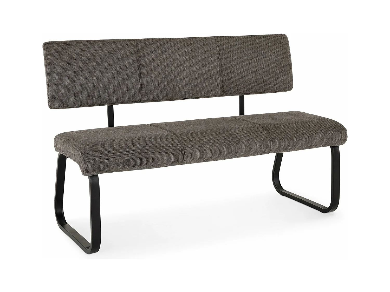 Banc design VILAS siège avec 3 places, banquettes avec dossier, revêtement en tissu gris foncé et piètement en métal noir