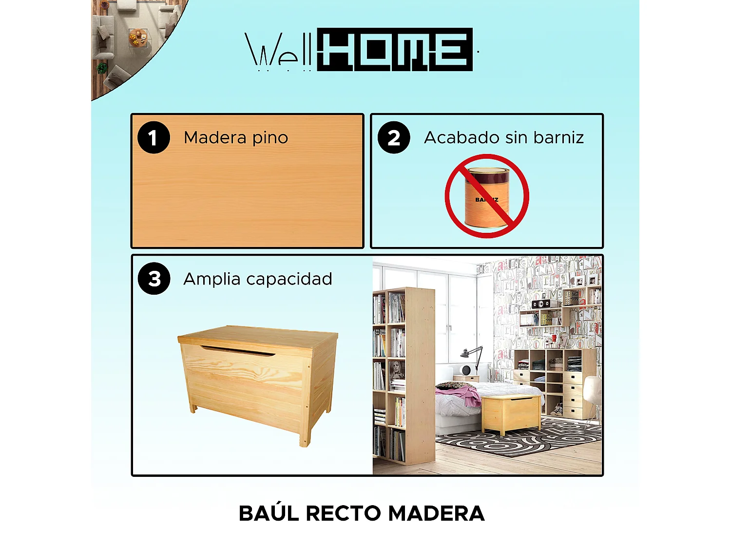 Coffre droit en pin verni NO, 70x40x44 cm