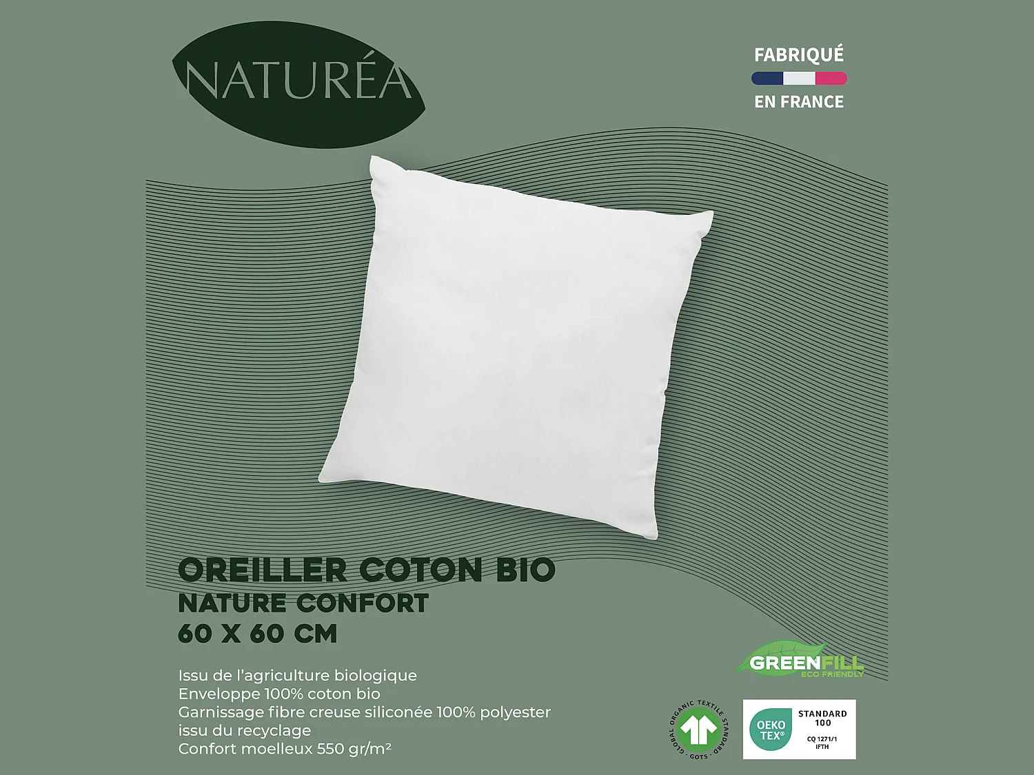 Kopfkissen 2er-Set aus Bio-Baumwolle von NATUREA - 60 x 60 cm - 550 g/m² - braune Abschlüsse - NATURE CONFORT