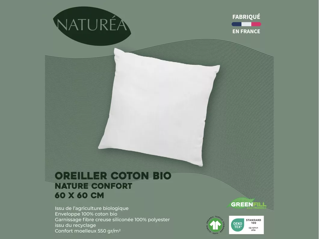 Kauf Unique Kopfkissen 2er-Set aus Bio-Baumwolle von NATUREA - 60 x 60 cm - 550 g/m² - braune Abschlüsse - NATURE CONFORT