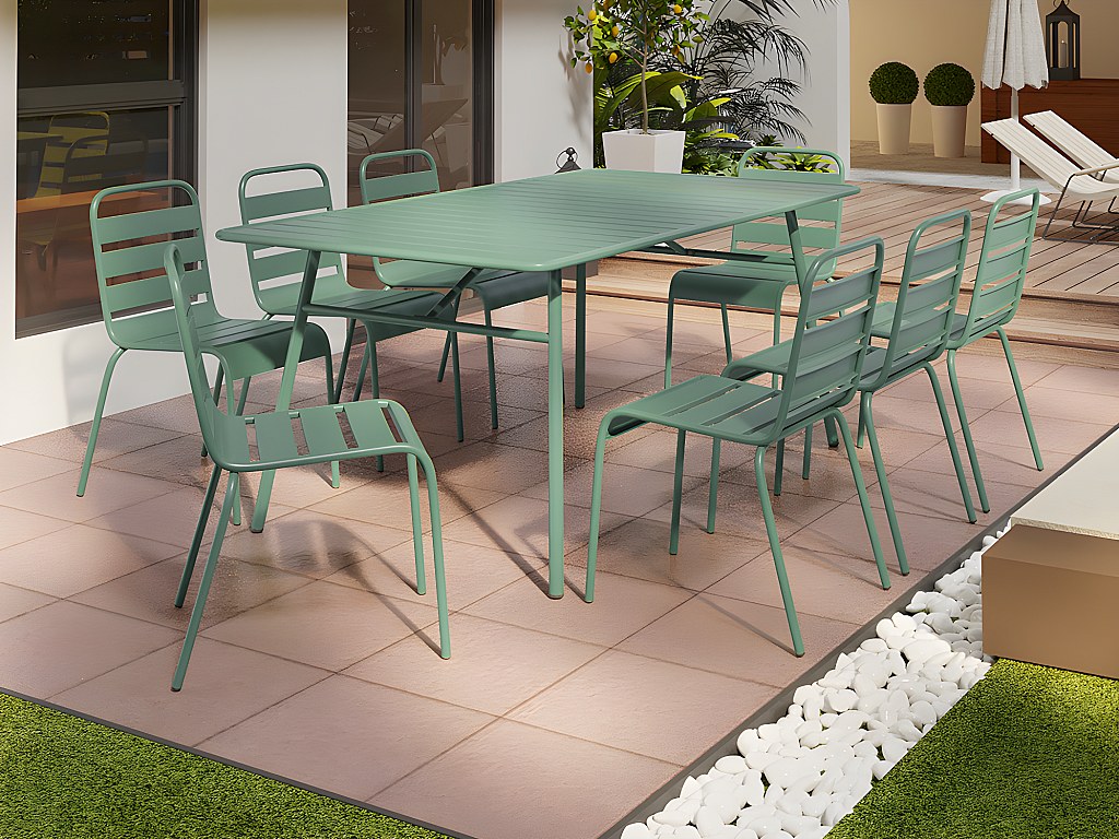 Garten-Essgruppe: Tisch L. 200 cm + 8 stapelbare Stühle - Metall - Mandelgrün - MIRMANDE von MYLIA