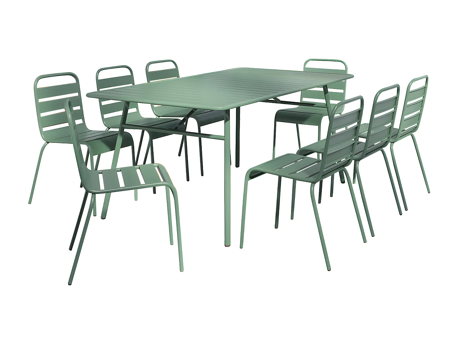 Salle à manger de jardin en métal - une table L.200 cm et 8 chaises empilables - Vert amande - MIRMANDE de MYLIA