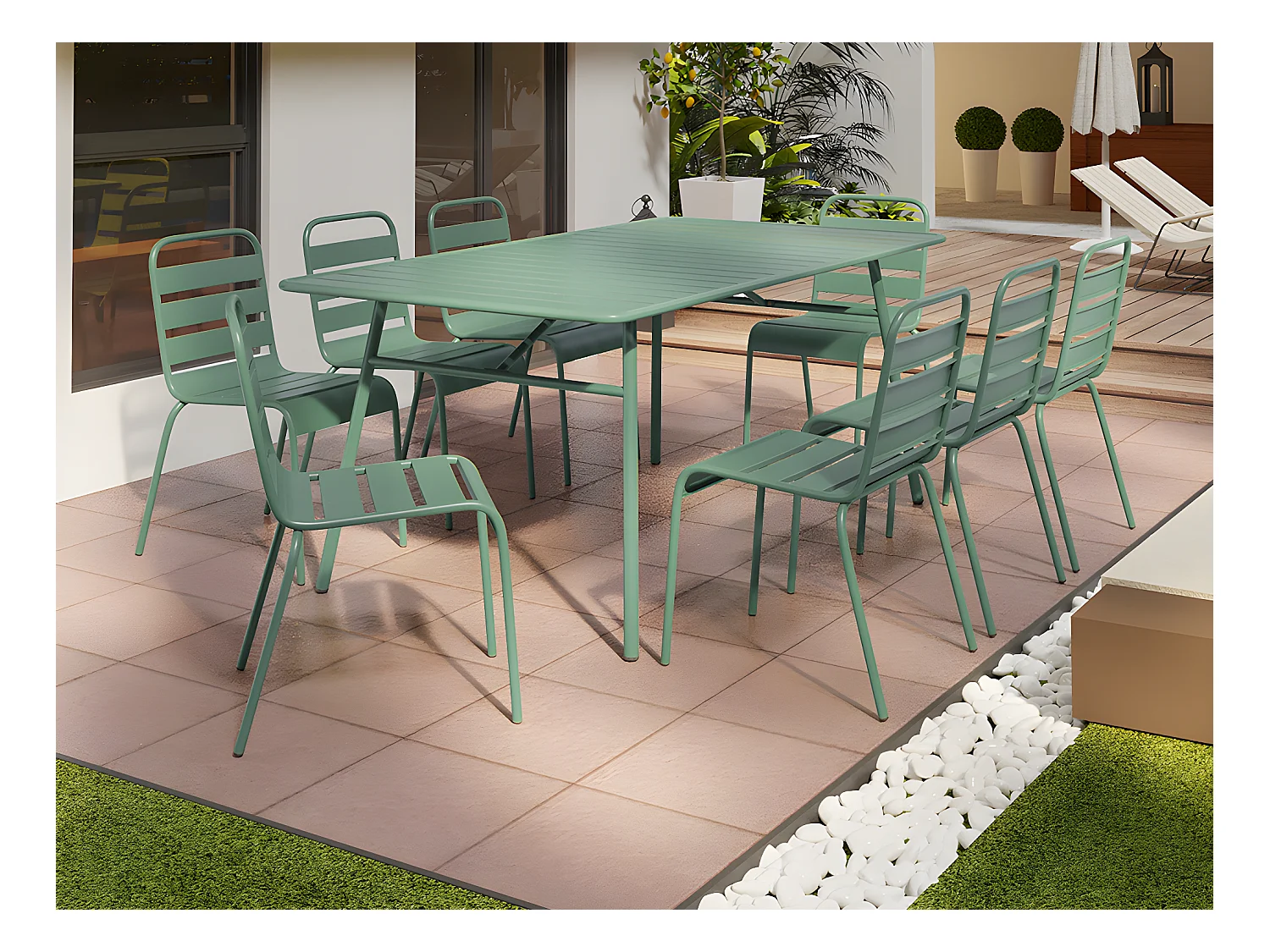 Garten-Essgruppe: Tisch L. 200 cm + 8 stapelbare Stühle - Metall - Mandelgrün - MIRMANDE von MYLIA