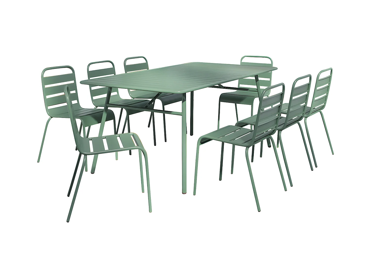 Tuineethoek van metaal - Een tafel D200 cm en 8 opstapelbare stoelen - Amandelgroen - MIRMANDE van MYLIA