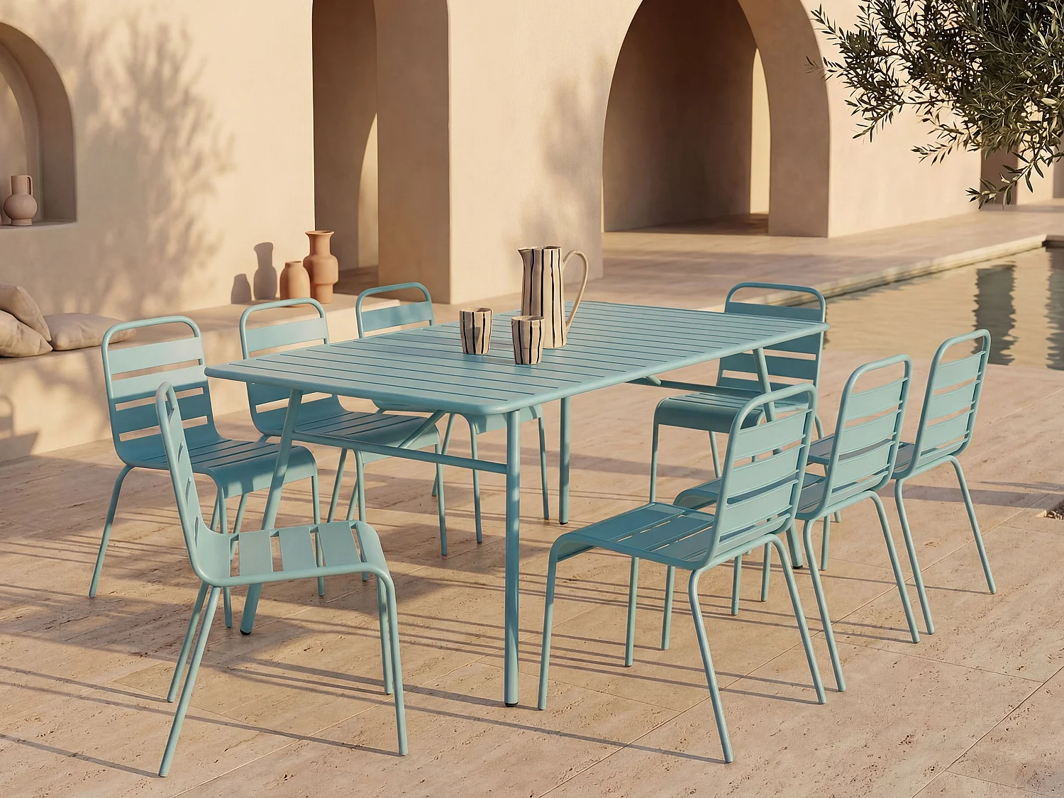 Salle à manger de jardin en métal - une table L.200 cm et 8 chaises empilables - Vert amande - MIRMANDE de MYLIA