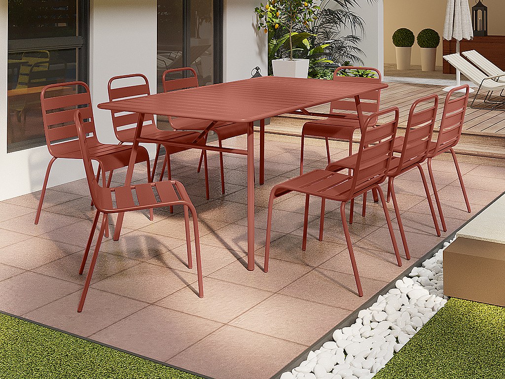 Garten-Essgruppe: Tisch L. 200 cm + 8 stapelbare Stühle - Metall - Terracotta - MIRMANDE von MYLIA