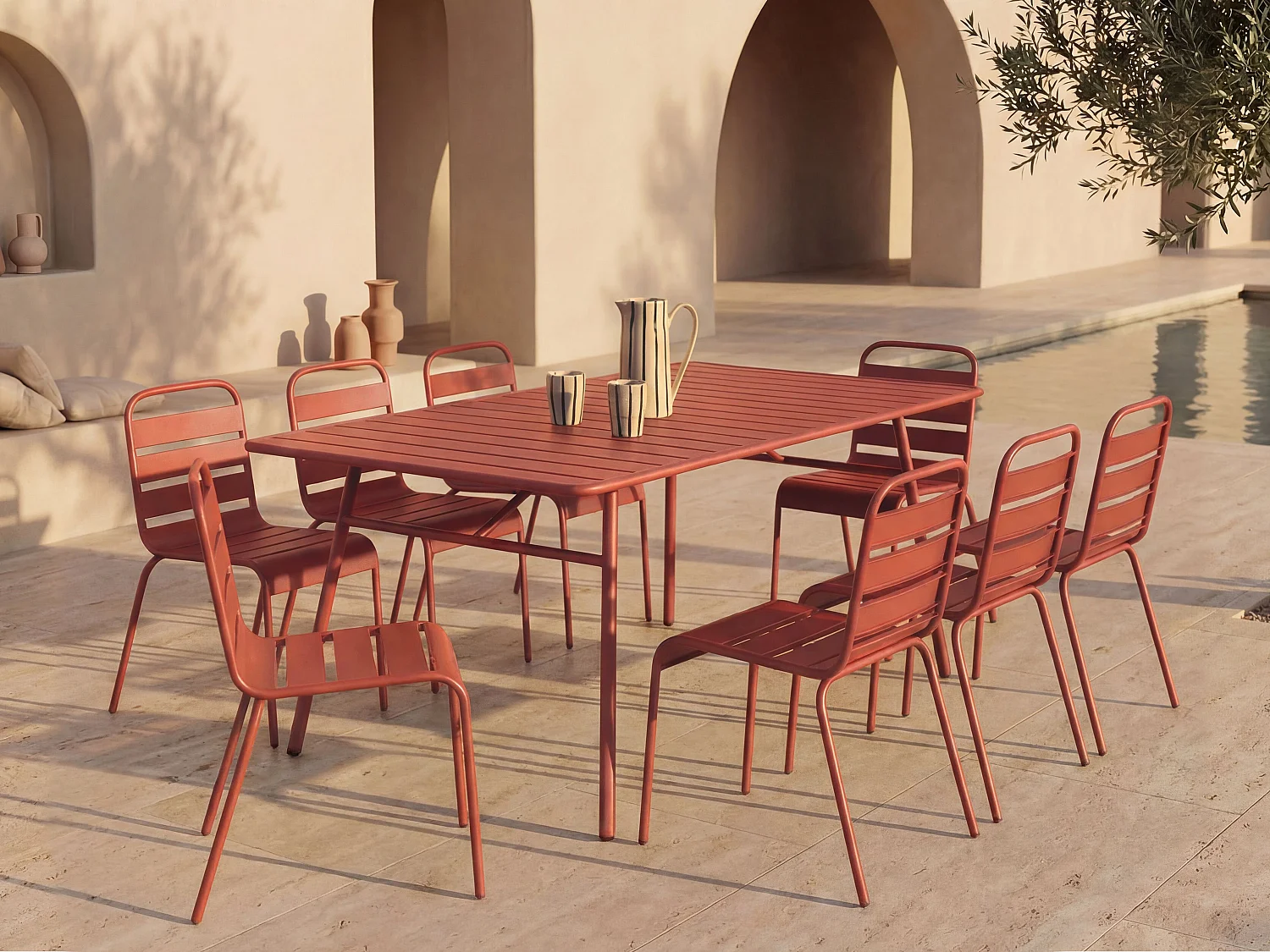 Metal garden dining set - one 200 cm L. table and 8 stackable chairs - Terracotta - MIRMANDE by MYLIA