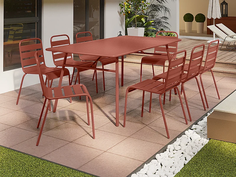 Salle à manger de jardin en métal - une table L.200 cm et 8 chaises empilables - Terracotta - MIRMANDE de MYLIA