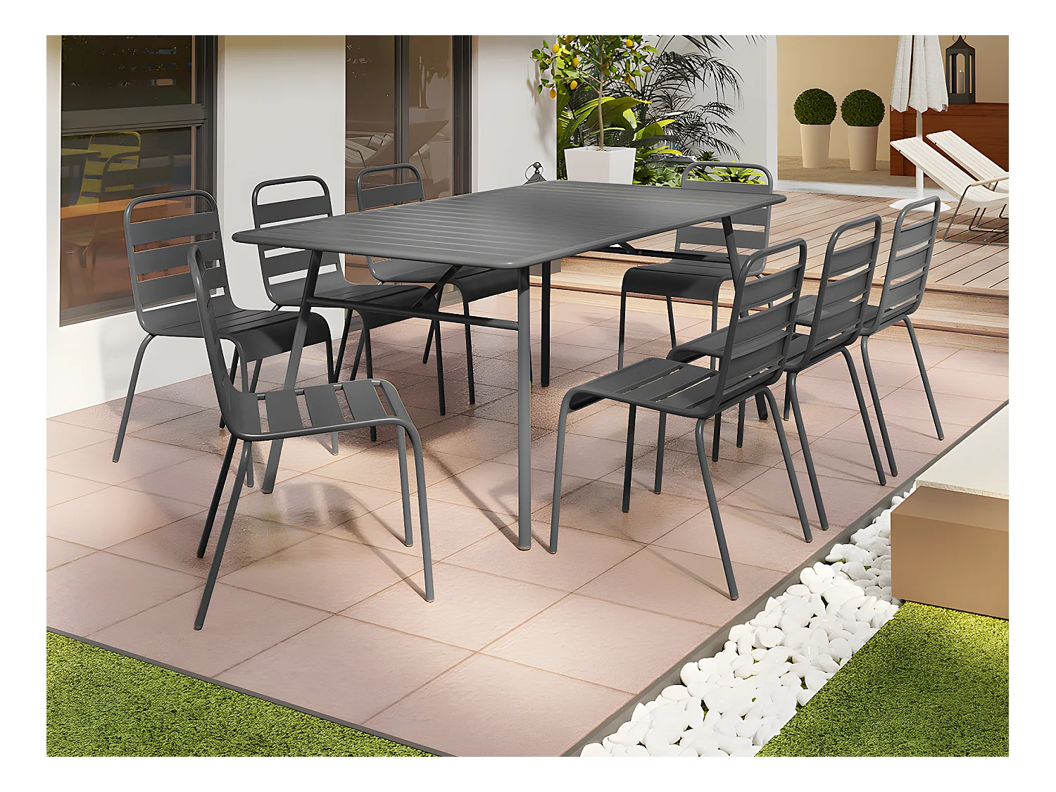 Garten-Essgruppe: Tisch L. 200 cm + 8 stapelbare Stühle - Metall - Anthrazitgrau - MIRMANDE von MYLIA