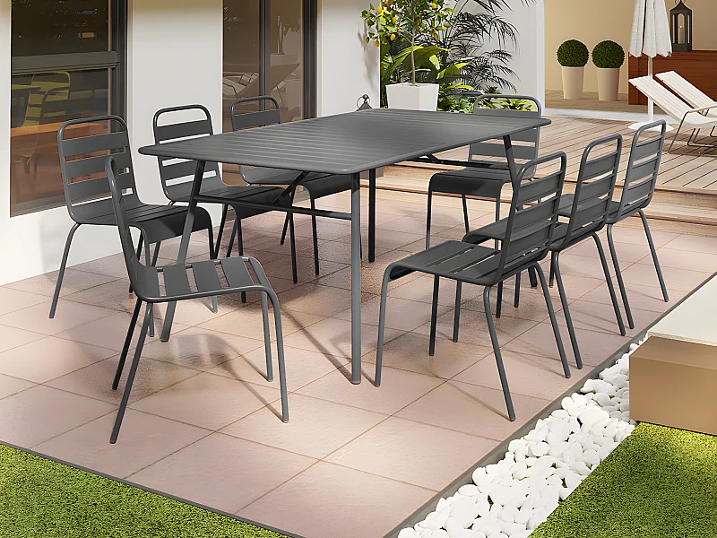 Salle à manger de jardin en métal - une table L.200 cm et 8 chaises empilables - Gris anthracite - MIRMANDE de MYLIA