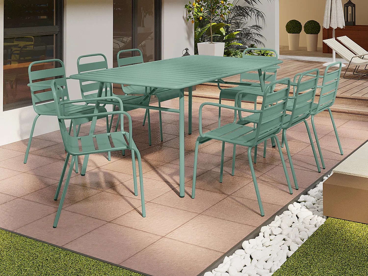 Salle à manger de jardin en métal - une table L.200 cm et 8 fauteuils empilables - Vert amande - MIRMANDE de MYLIA