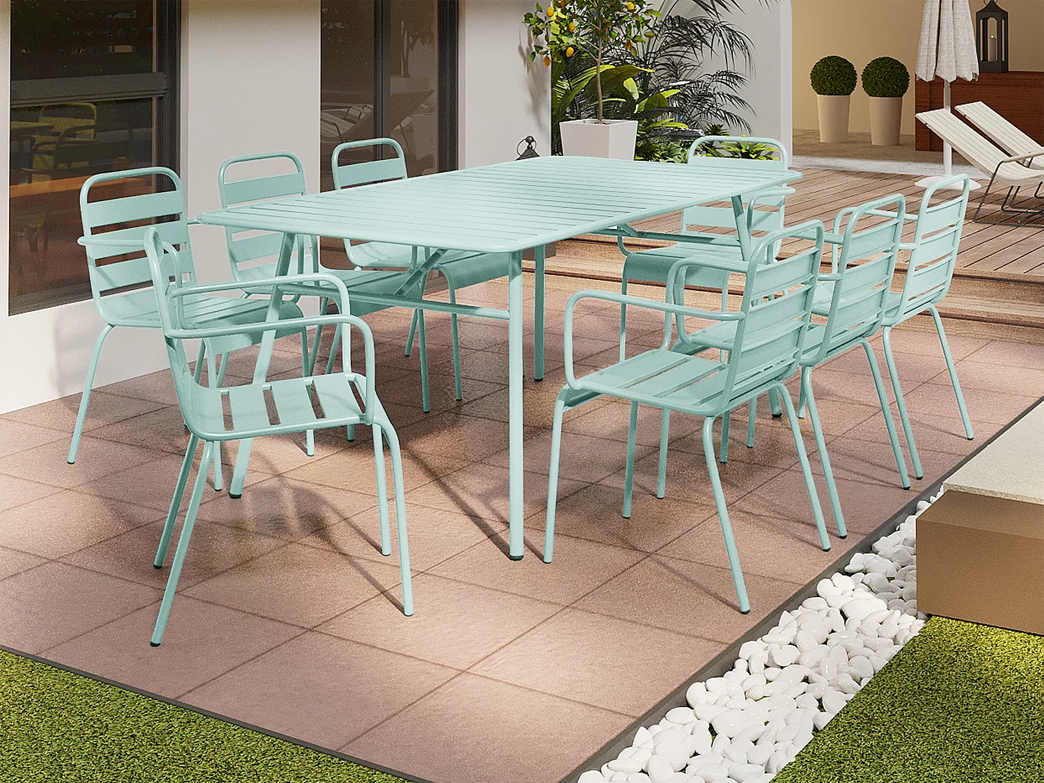 Salle à manger de jardin en métal - une table L.200 cm et 8 fauteuils empilables - Vert amande - MIRMANDE de MYLIA