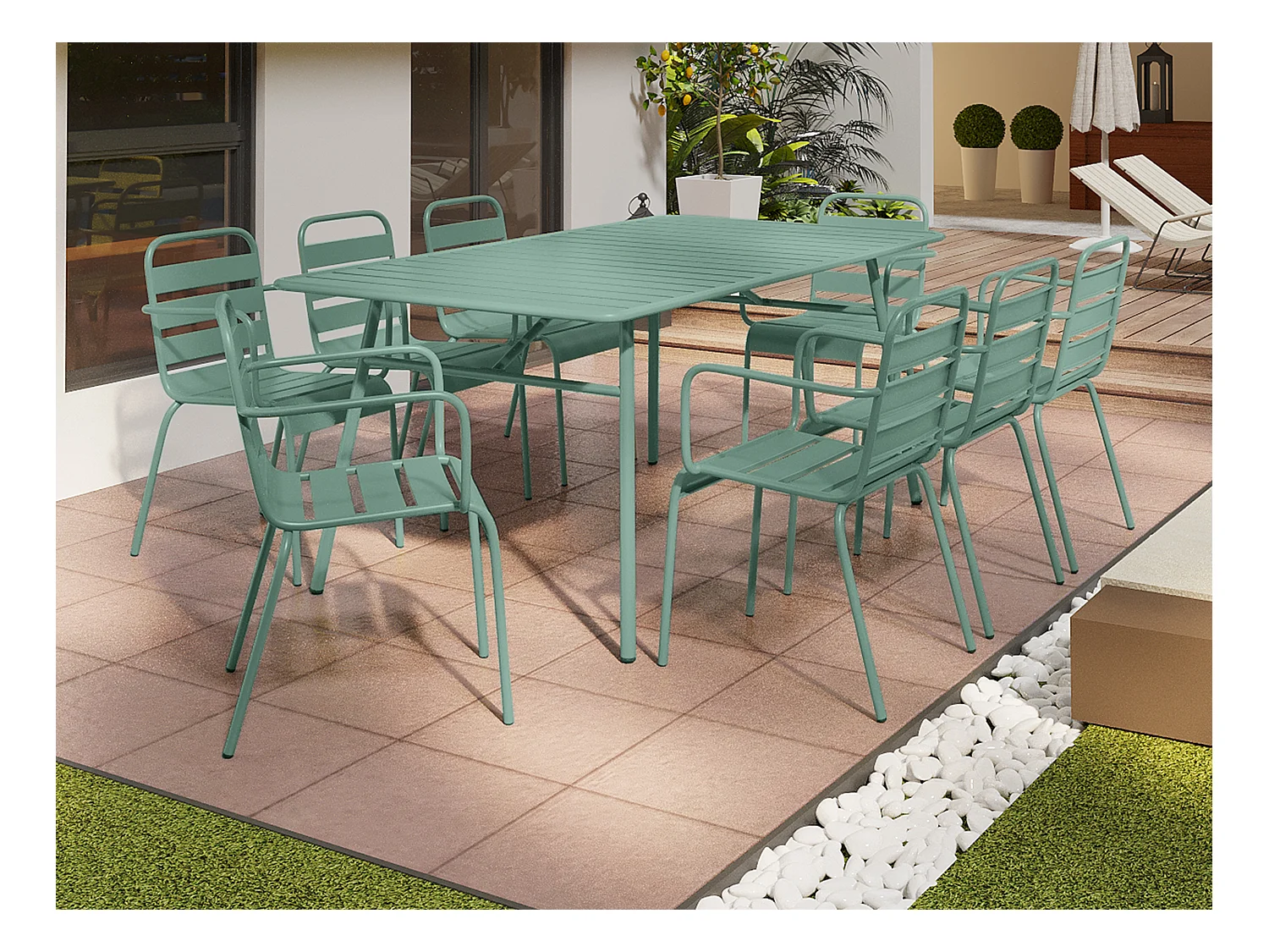 Salle à manger de jardin en métal - une table L.200 cm et 8 fauteuils empilables - Vert amande - MIRMANDE de MYLIA