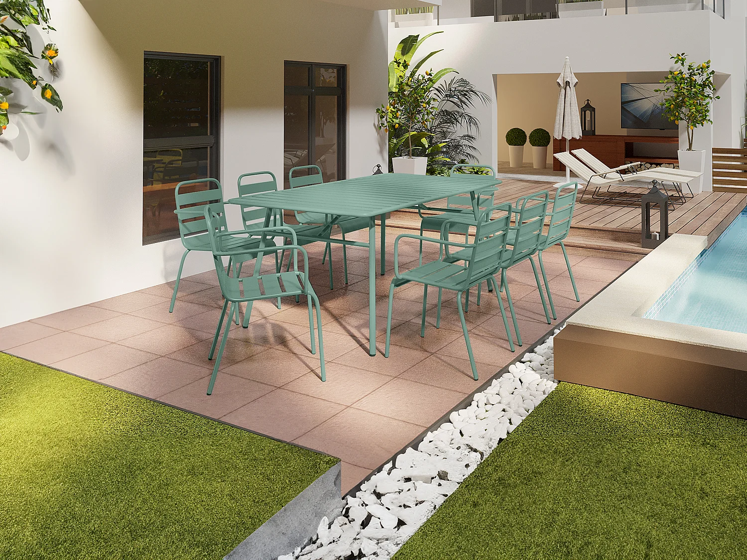 Salle à manger de jardin en métal - une table L.200 cm et 8 fauteuils empilables - Vert amande - MIRMANDE de MYLIA
