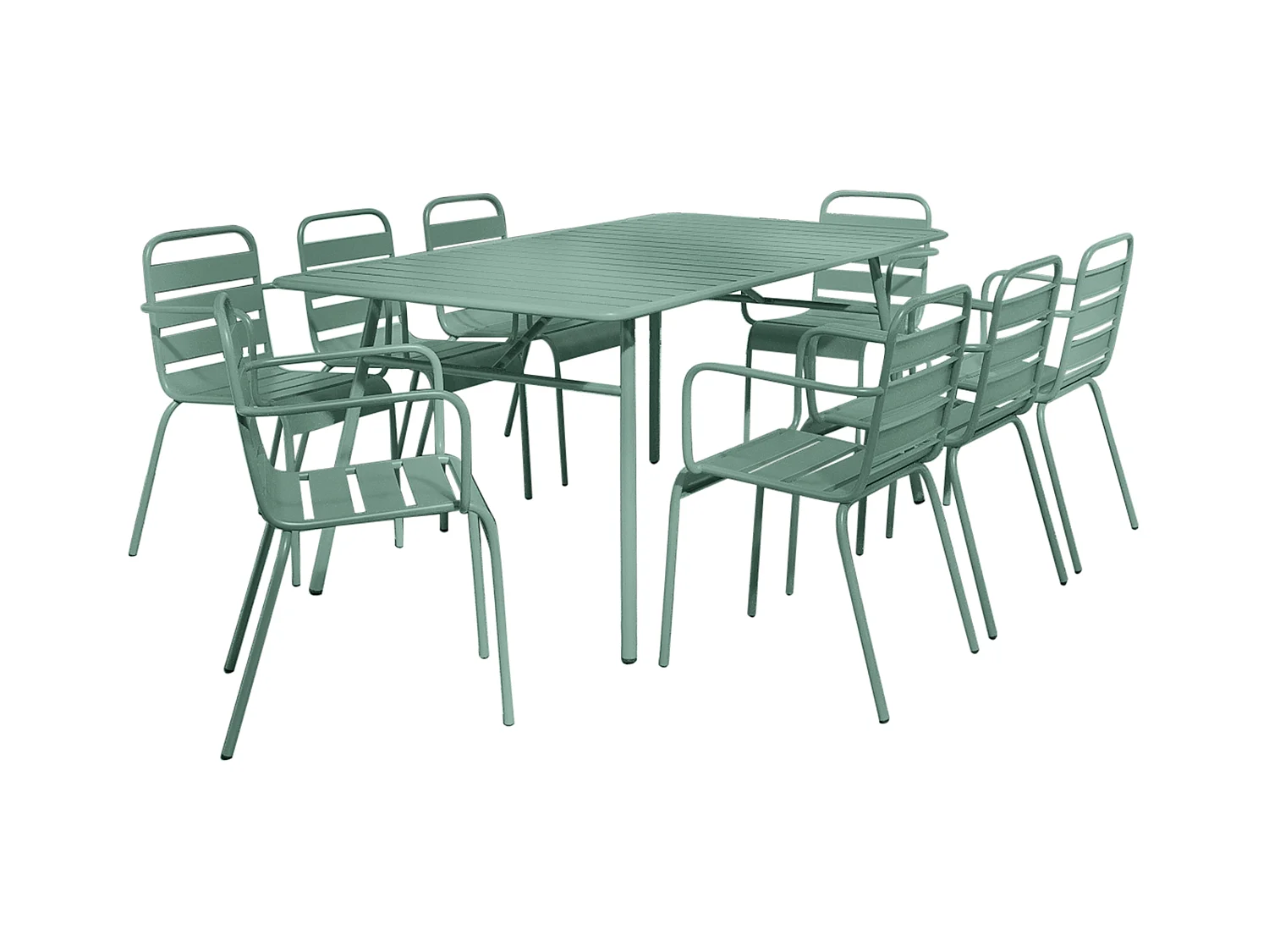 Salle à manger de jardin en métal - une table L.200 cm et 8 fauteuils empilables - Vert amande - MIRMANDE de MYLIA