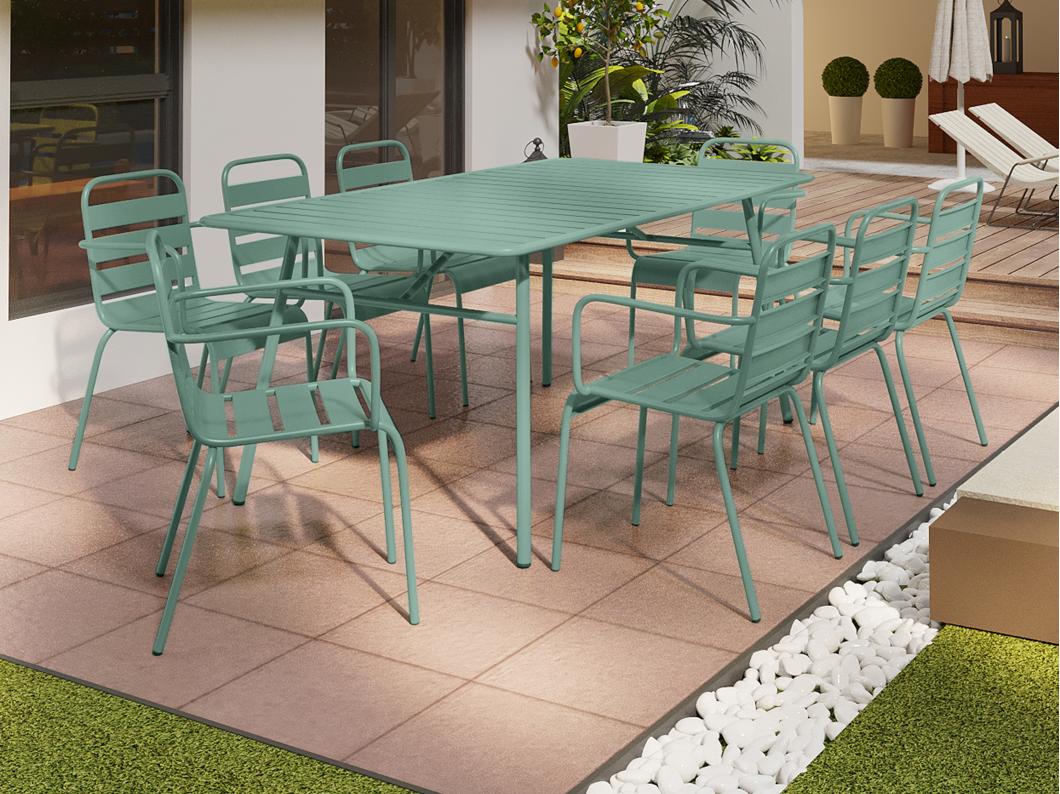 Salle à manger de jardin en métal - une table L.200 cm et 8 fauteuils empilables - Vert amande - MIRMANDE de MYLIA