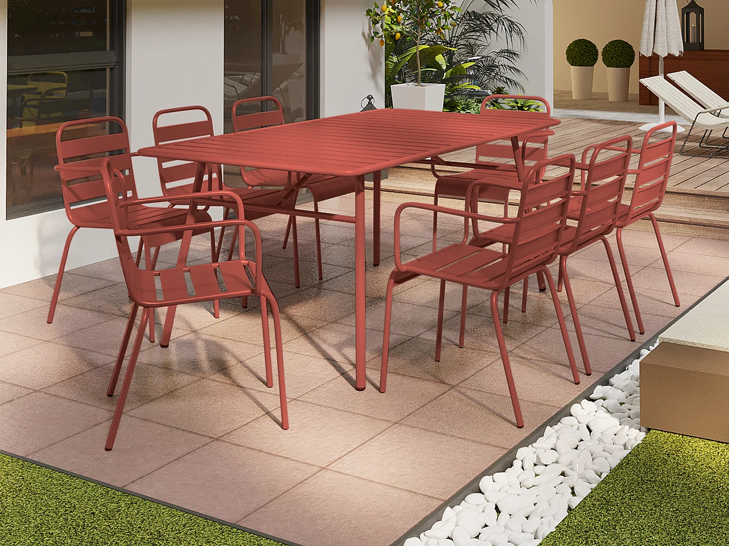 Salle à manger de jardin en métal - une table L.200 cm et 8 fauteuils empilables - Terracotta - MIRMANDE de MYLIA