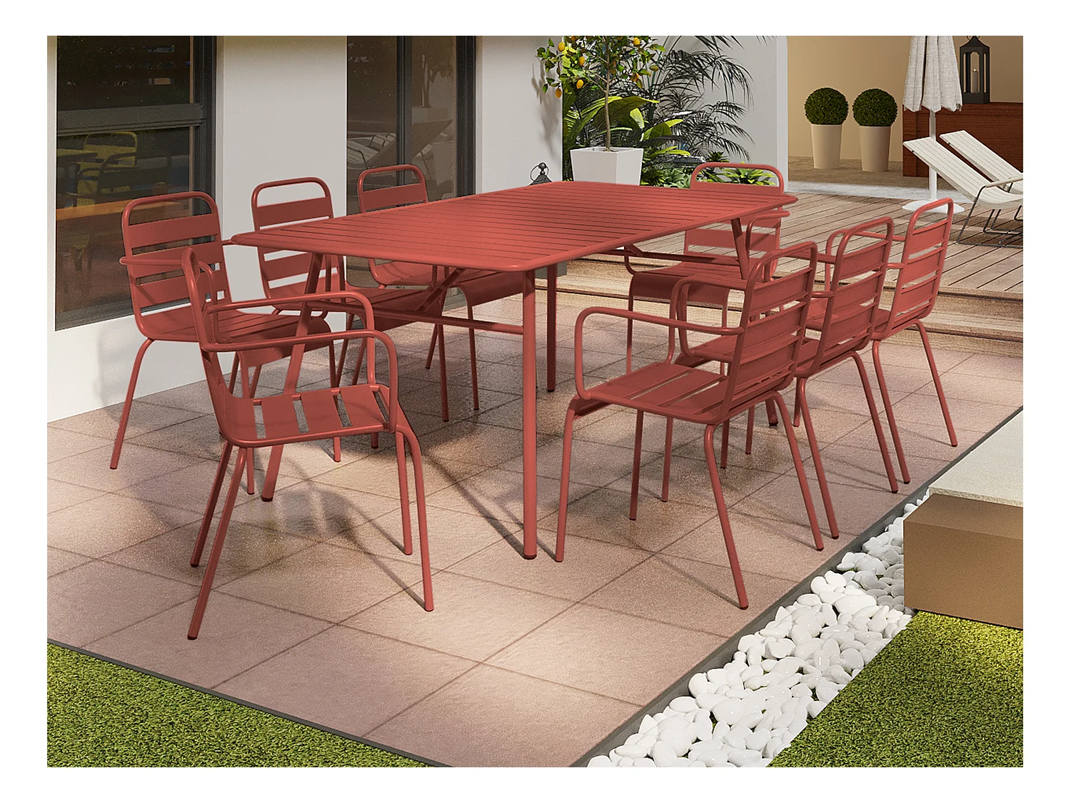Salle à manger de jardin en métal - une table L.200 cm et 8 fauteuils empilables - Terracotta - MIRMANDE de MYLIA
