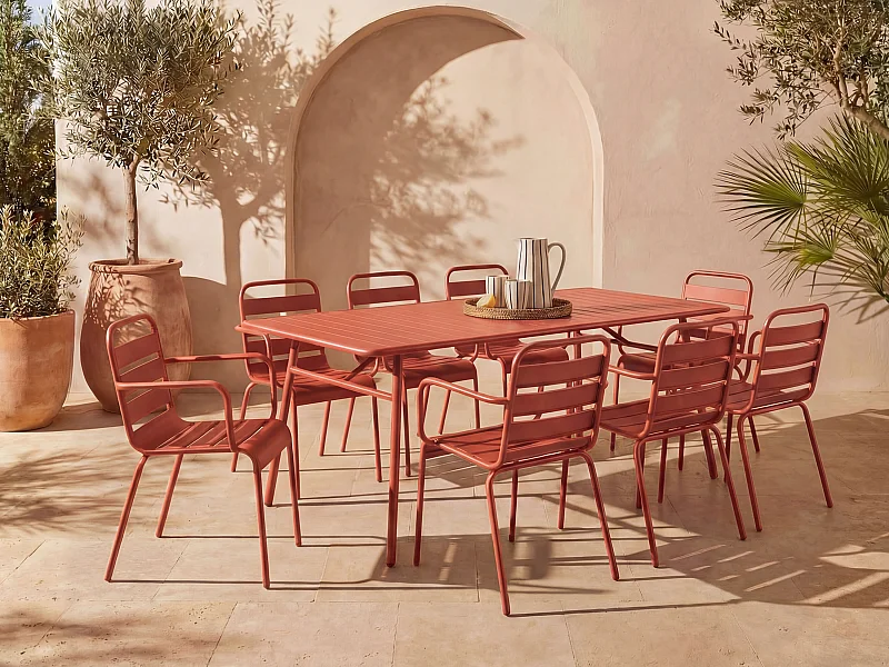 Salle à manger de jardin en métal - une table L.200 cm et 8 fauteuils empilables - Terracotta - MIRMANDE de MYLIA